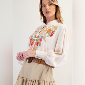 Easel Cream Blouse with Colorful Embroidery